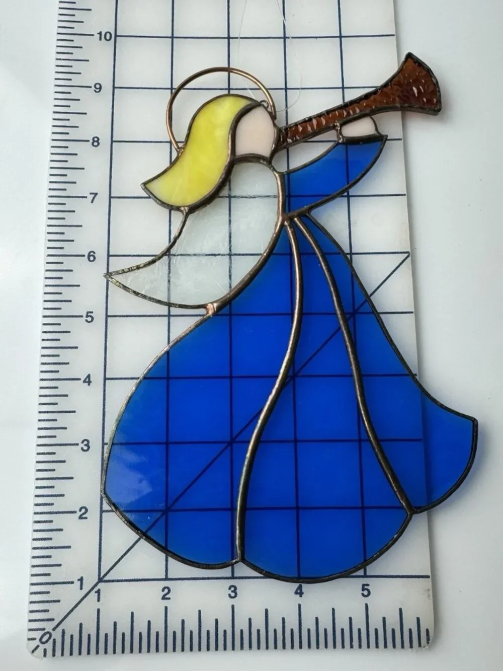 VTG Stained Glass Sun Catcher Angel w/Horn Ornament Handcrafted Christmas 9.5”